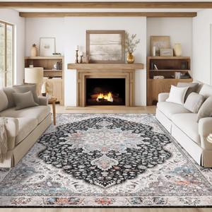 Washable Rug 8x10 Area Rugs for Living Room - Stain Resistant Non-Slip Backing Rugs for Bedroom - Vintage Large Area Rug (Drak Grey/Multi, 8'x10') (8ft x 10ft (Rectangular))