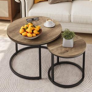 Smuxee Nesting Coffee Table Set of 2, 23.6" Round Coffee Table Wood Grain Top with Adjustable Non-Slip Feet, Industrial End Table Side Tables for Living Room Bedroom Balcony Yard (23.6"W, Oak)