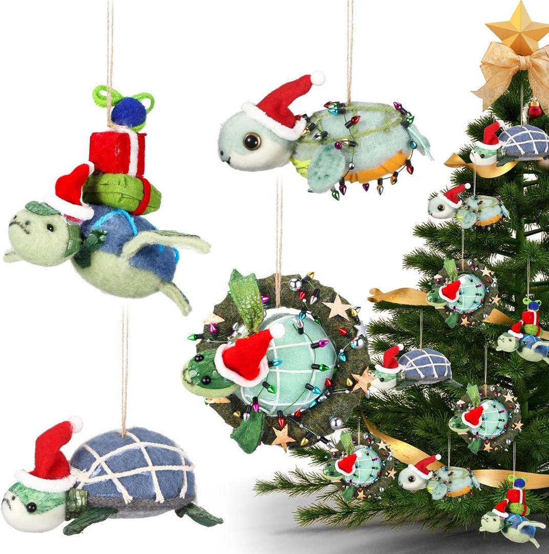 4 Pcs 3D Sea Turtle in Santa Hat Christmas Ornament 4.7 Inch Handmade Felt Turtle Decor for Beach Ocean Coastal Theme Xmas Tree Hanging Decorations for Stocking Stuffers & Ocean Lovers