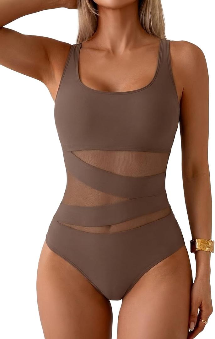 B2prity Women's Mesh One Piece Swimsuit Tummy Control Sexy Bathing Suit Push Up Swim Suit Slimming Swimwear (Brown, M)
