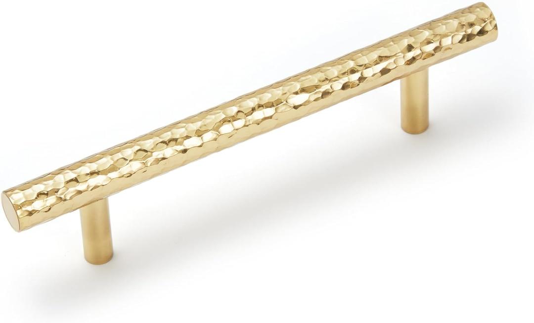 6-Pack Solid Brass Kitchen Cabinet Pulls, Gold Modern T-Bar Handles, 4-Inch Hole Center Hammered Handles for Dresser Drawer Cupboard, 5-13/16 Inch Total Length, Polished Finish