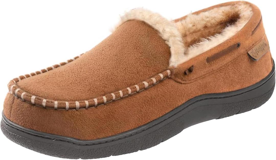 Zigzagger Men's Moccasin Slippers Memory Foam House Shoes, Indoor and Outdoor Warm Loafer Slippers (11.5, Tan)