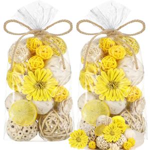Riceshoot 2 Pack Decorative Balls Potpourri Bowl Filler Decor Natural Vase Bowl Filler Assorted Spherical Rattan Twigs Wicker Balls Cotton for Home Centerpiece(Lemon Yellow)