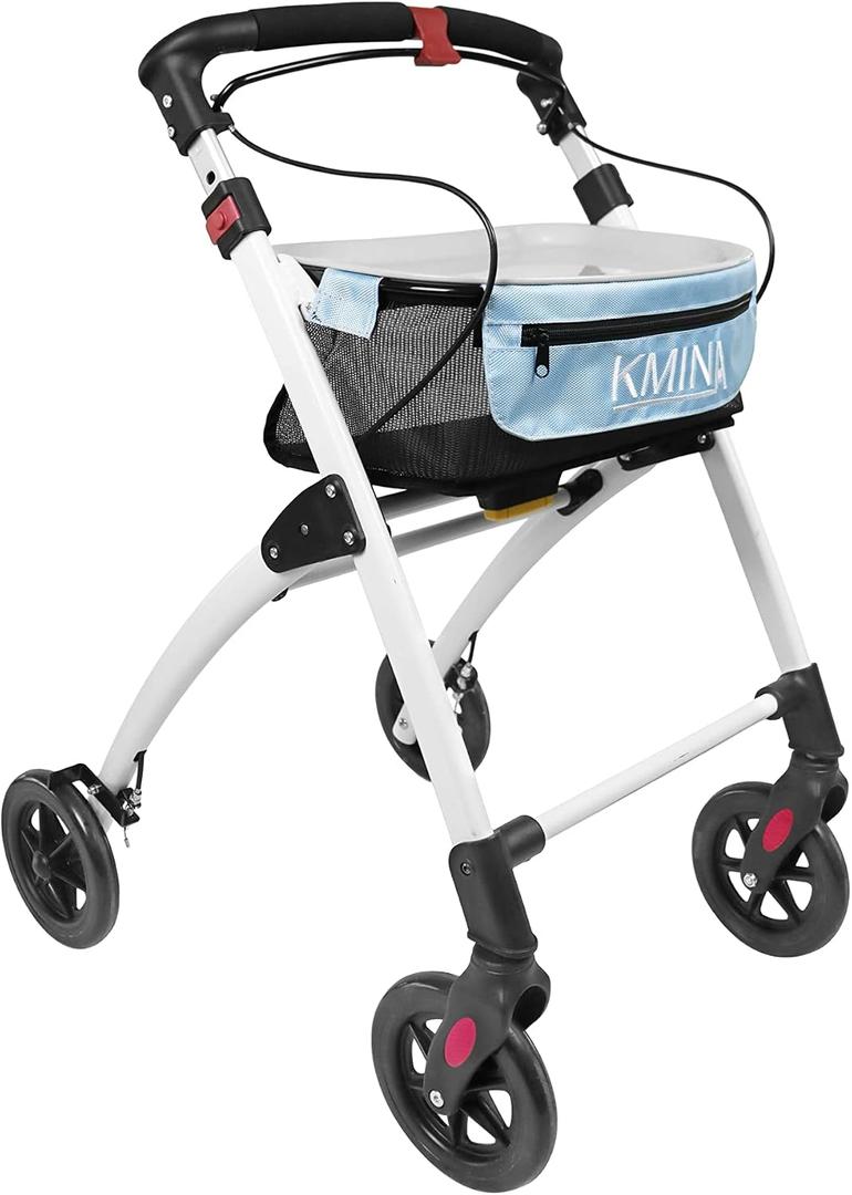 KMINA PRO - Rollator Walkers for Seniors, Indoor Rollator with Tray, Rollator Walker with Basket and Tray, Four Wheel Walkers for Seniors, Rollators Lightweight Folding, Walker Rollator Blue.