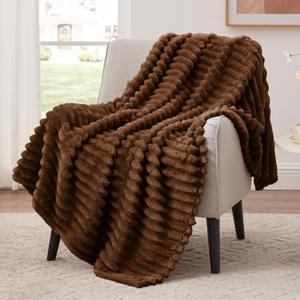 EXQ Home Fleece Throw Blanket for Couch or Bed - 3D Stripe Jacquard Decorative Blankets - Cozy Soft Lightweight Fuzzy Flannel Blanket Suitable for All Seasons(50"60",Brown)