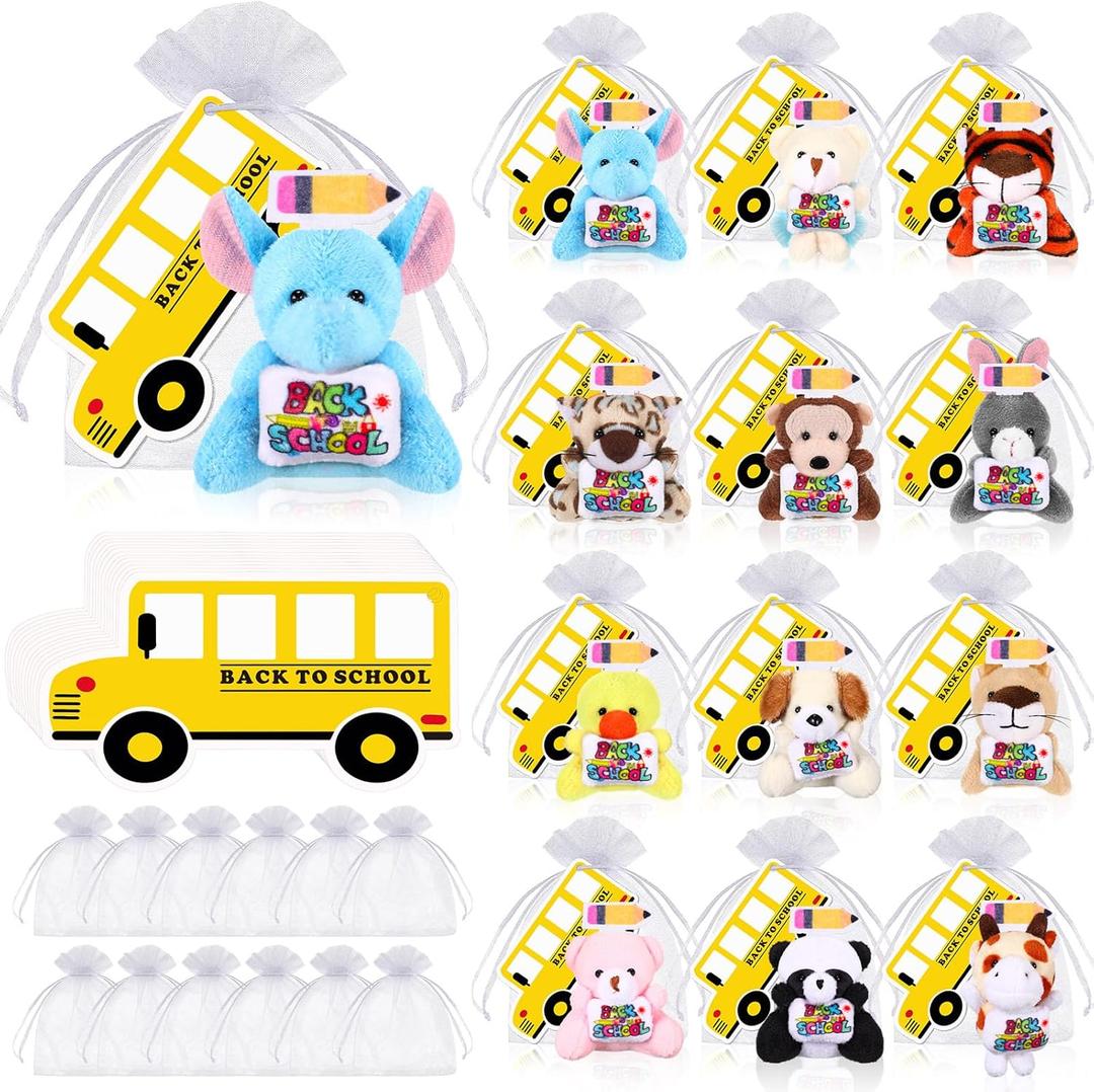 12 Set Welcome Back to School Gifts for Students Mini Stuffed Plush Animal Keychains Toys Bulk with Bus Tags Organza Goodie Bag for First Day of School Classroom Gift Party Favor