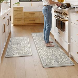 KIMODE Anti Fatigue Kitchen Mats for Floor 2 Piece, Cushioned Boho Distressed Kitchen Rugs, Memory Foam Kitchen Floor Mats, Summer Standing Desk Mats for Laundry Office Sink Grey 20"x59"+20"x32" (Light Grey/Multi)
