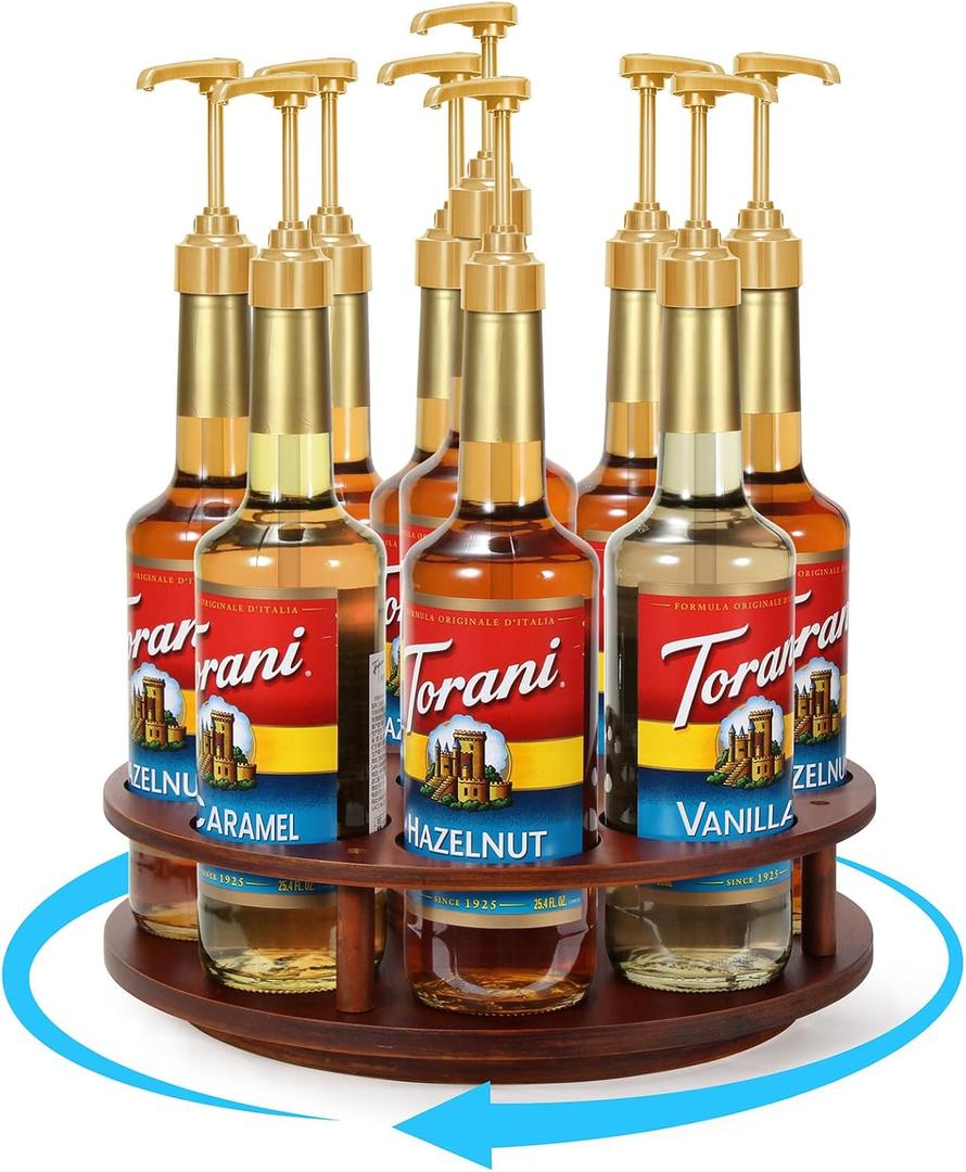 THYGIFTREE Large Rotating Coffee Syrup Organizer 9 Bottles Coffee Syrup Rack for Countertop Wood Syrup Bottle Holder Stand for Coffee Bar Station, Turntable Display Tray, Brown