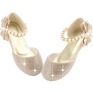 GOJERP Toddler Little Girl's Adorable Mary Jane Dress Shoes, Pearl Bow Ballet Flats for Girl Wedding Party School Shoes (Golden, Numeric_8)