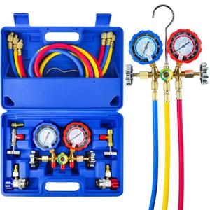 CALPOSE 3 Way AC Gauge, AC Manifold Gauge Set for R134a R410a R12 R22 R502 Refrigerant, AC Gauges with 5FT Hoses, R410a Adapter, Puncturing & Self Sealing Can Tap