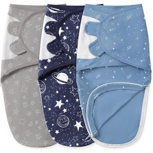 Unnivoll Baby Swaddles for Newborns with Zipper, 100% Cotton Newborn Swaddle Sack, 3 Pack Baby Swaddles 0-3 Months Swaddle Sleep Sack for Newborn Baby Boy Girl Blue Planet (Small)