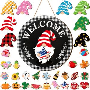 Qunclay Interchangeable Wooden Gnome Decor Holiday Seasonal Gnome Decorations with Magnet Pieces and Detachable Hats Changeable Welcome Sign for Home(Stylish)