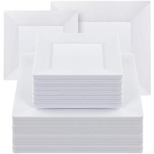 Goodluck 100 Pack Square Plastic Plates, Heavy Duty 50 Dinner Plates 9.5" and 50 Dessert Plates 6.5", Fancy Disposable Plates for Wedding, Holiday Party, Birthday, White