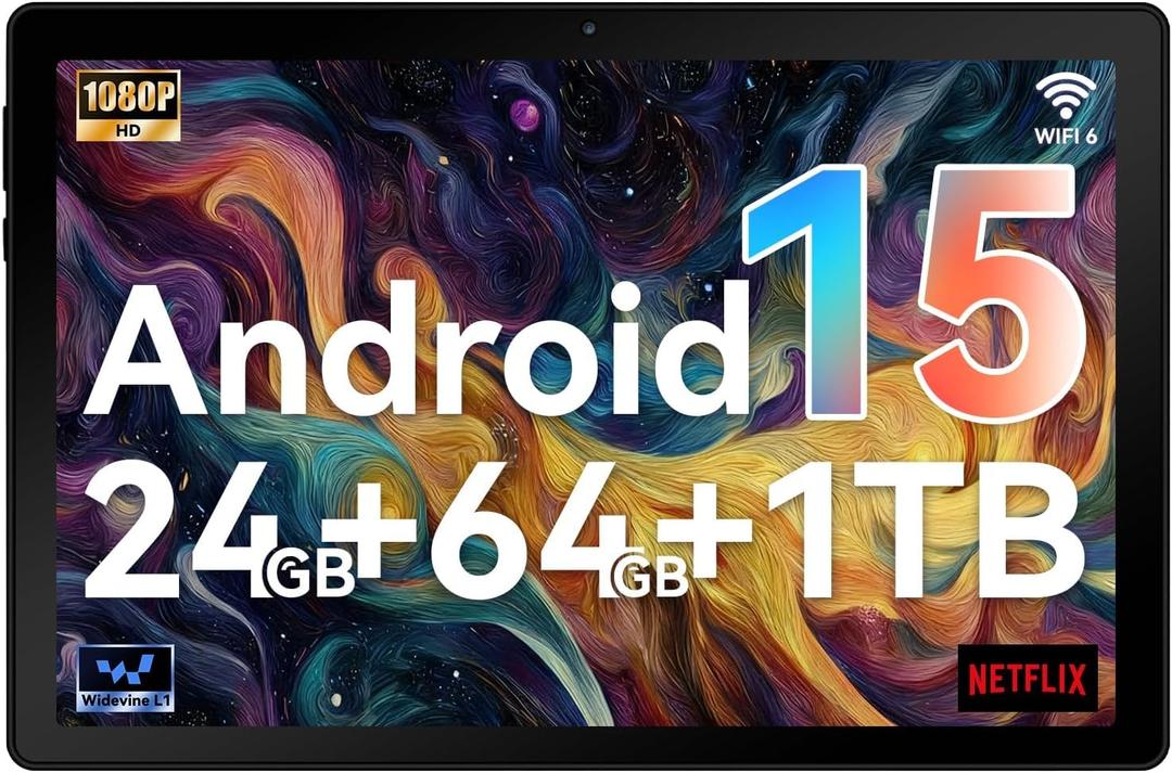 10 Inch Android Tablet, Octa-Core Processor, 24GB RAM 64GB ROM, IPS HD Display, Android 15, Dual Camera, 5000mAh Battery, Widevine L1 Certified, WiFi Bluetooth Tablets ﻿ (Black)