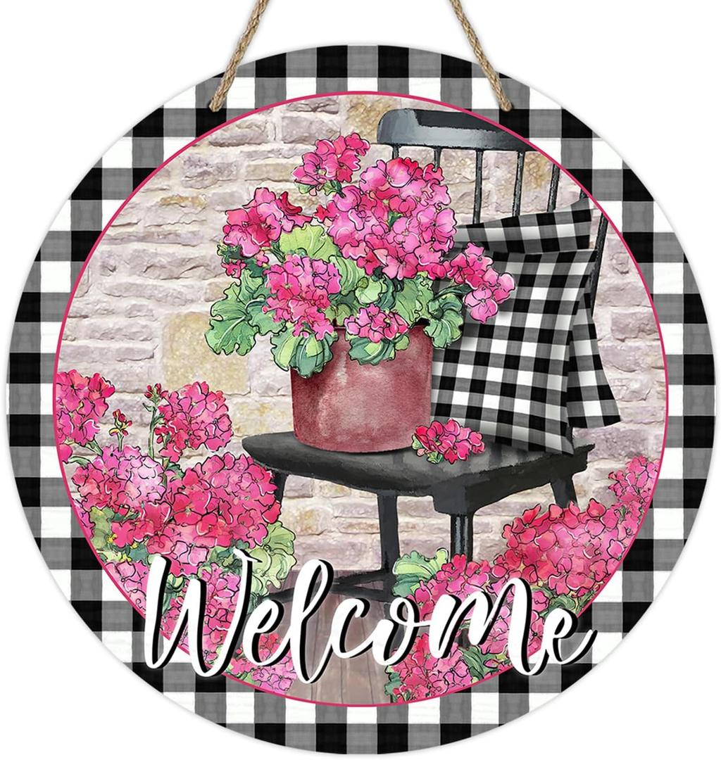 Deroro Welcome Spring Summer Geranium Flower Front Door Sign, Pink Floral Chair Buffalo Plaid Wood Door Hanger Outdoor Outside Porch Decor, Farmhouse Wooden Wreath Indoor Wall Hanging Decoration