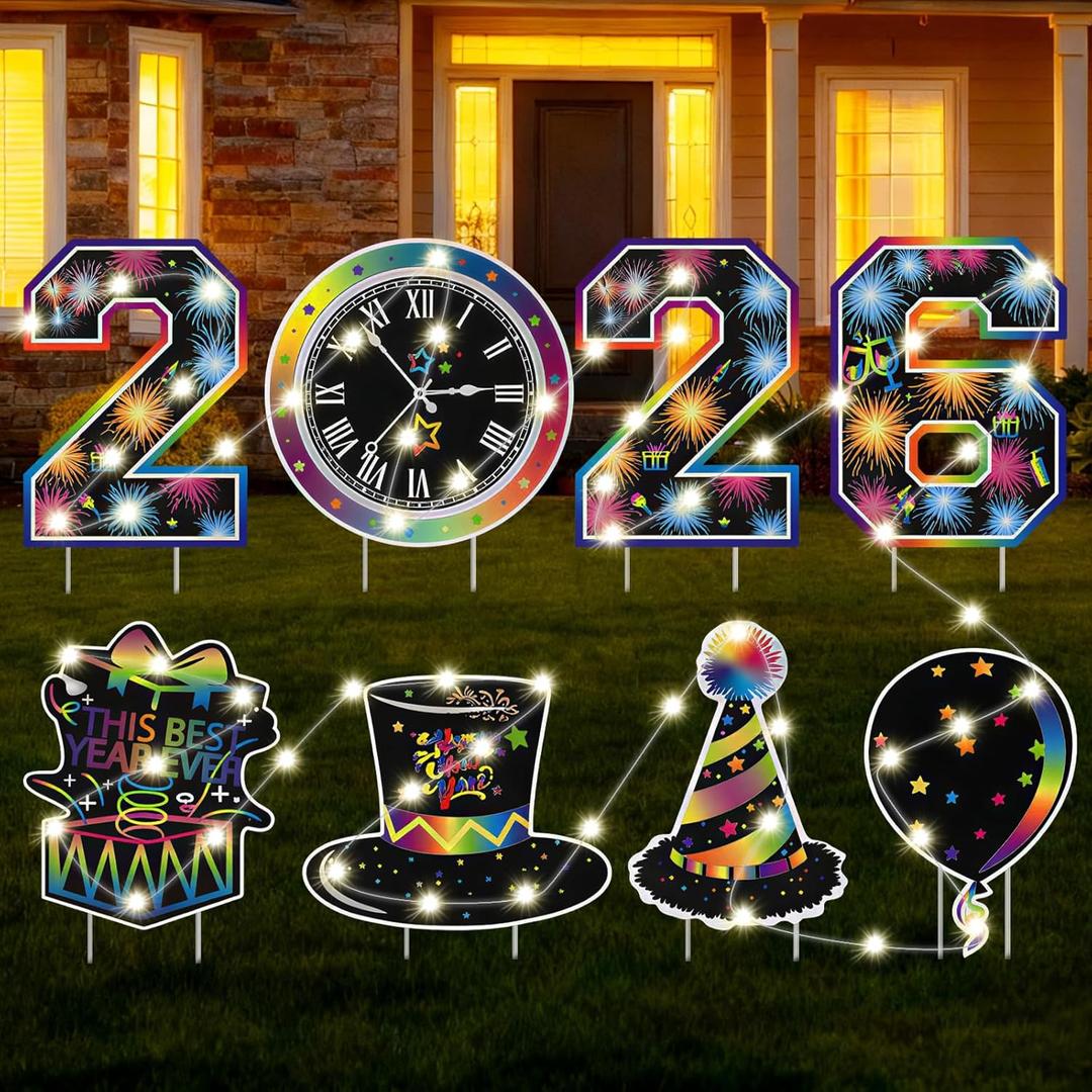 8 Pcs Happy New Year Yard Sign with LED Lights, 2026 New Years Decorations Outdoor Large 2026 Yard Garden Signs Lighted for NYE Party Decor Hats Balloons Sign for Year's Eve Party Supplies
