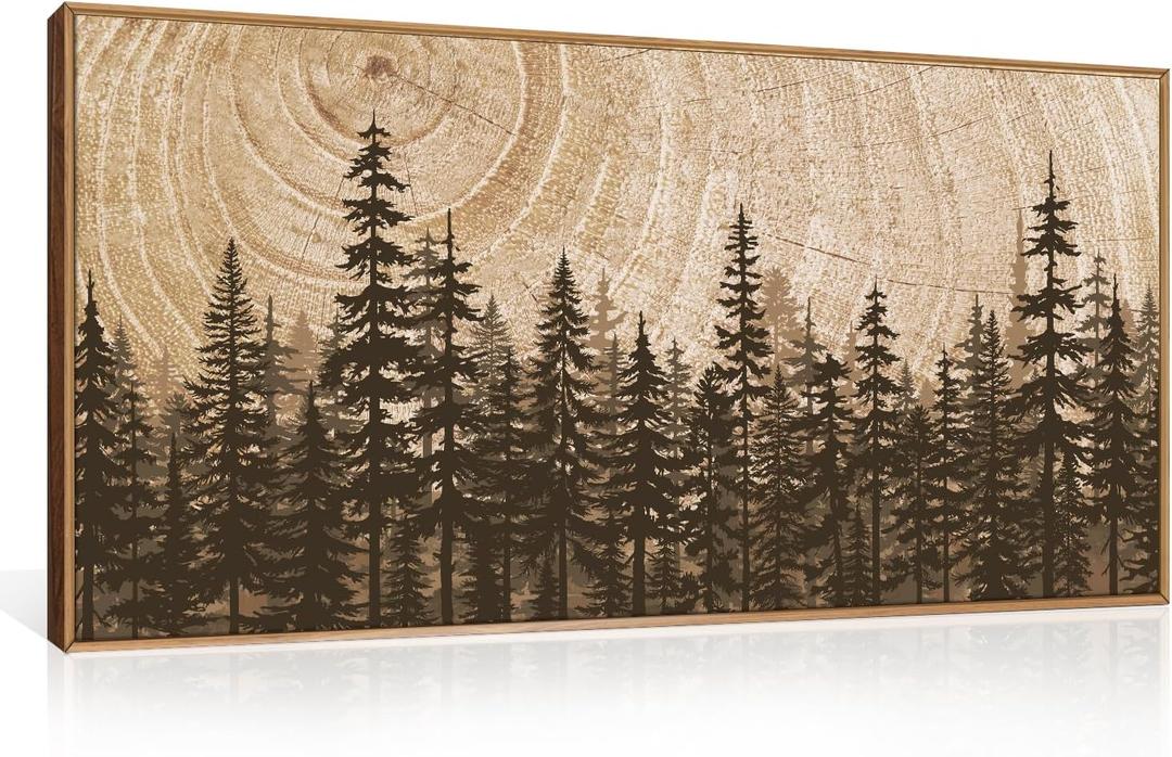 Pine Tree Framed Canvas Wall Art Set, Natural Woodland Landscape Wall Decor, Large Retro Forest Painting, Vintage Brown Artwork for Living Room, Bedroom, Kitchen, Study, Office - 20"x40"