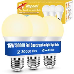 Neporal 15W Full Spectrum Light Bulb, 2700K Warm UV-Free Natural Sunlight Bulbs, 15W 100W Equivalent LED Light Bulb, CRI 90+, No Flicker, 1200Lumen Daylight Sun Light for HumansHome & Office,3PK (2700k Soft White)