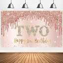 Rose Gold 2nd Birthday Banner & Poster Background Decorations for Girls - Happy 2 Year Old Party Supplies