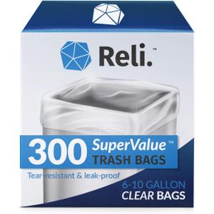 Reli. 6-10 Gallon Trash Bags | 300 Bags | Clear | Bathroom | Strong | Garbage