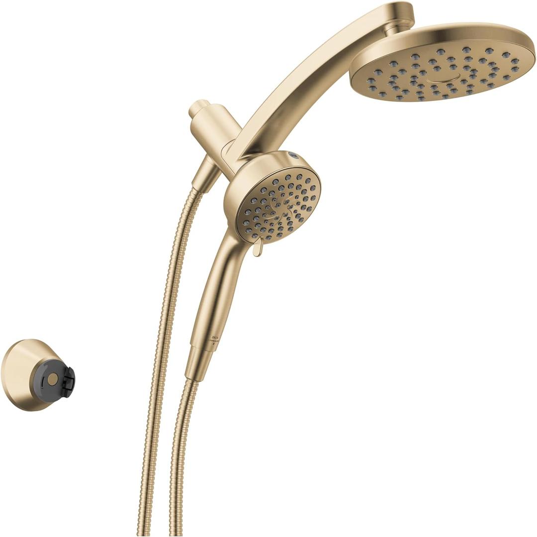 Delta 6-Setting PivotPro 3-in-1 Combination Shower Head with ProClean Spray, Brushed Gold Round Shower Head Rainfall with Handheld Spray, 1.75 GPM, Champagne Bronze 75649CZ