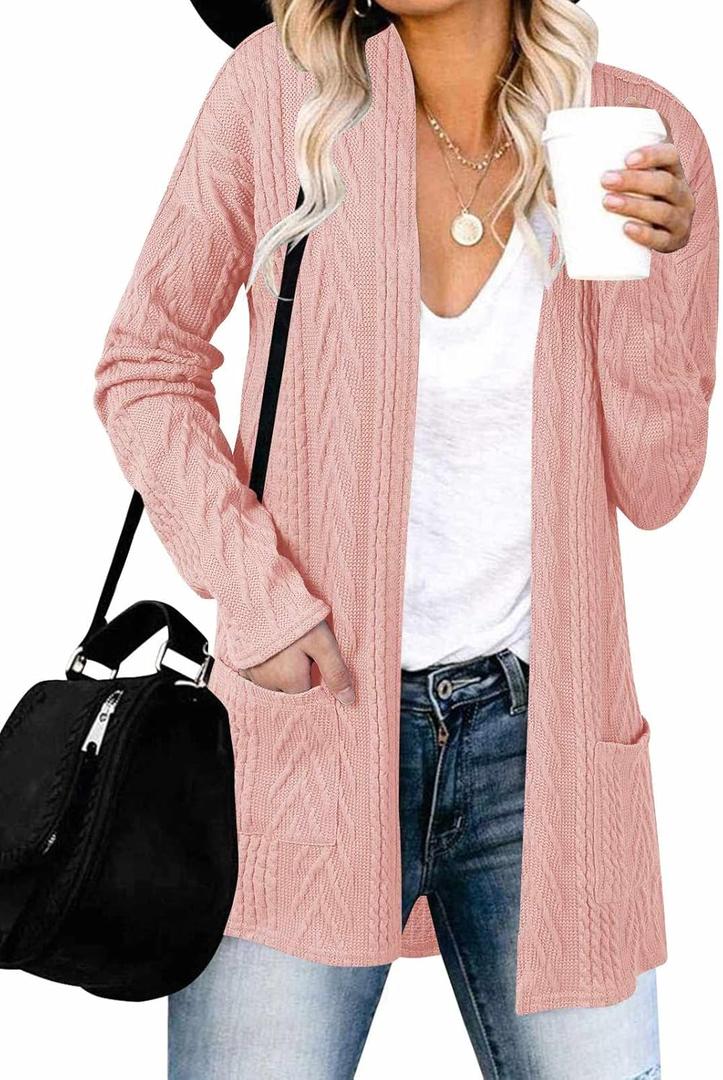 MEROKEETY Women's Casual Long Sleeve Open Front Cable Knit Cardigans Lightweight Solid Color with Pockets (Large, Pink)