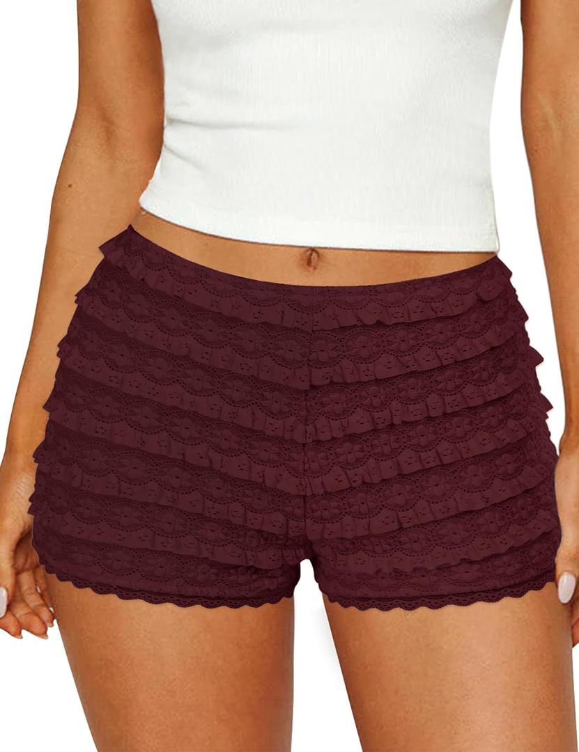 FOMELY Women's Ruffle Shorts Lace Bloomers Y2k Mini Shorts Bloomers for Women with Liner (Red, XL)