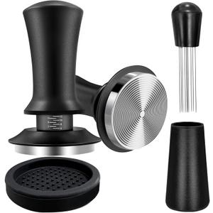 Coffee Espresso Tamper 51mm with WDT Tool Calibrated Spring Loaded, Coffee Tamper with Silicone Tamper Mat,Black Espresso Distribution Tool,Stainless Steel Base Tamper for Espresso Coffee Machine