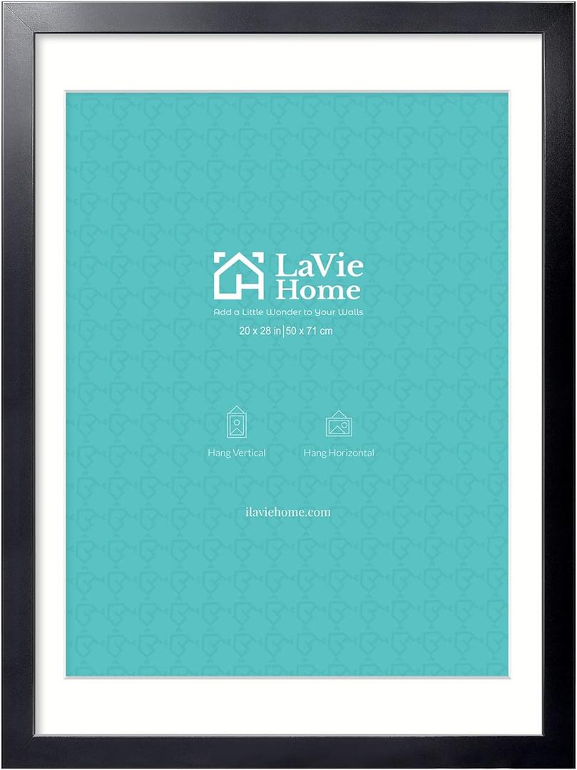 LaVie Home 20x28 Poster Frame Black, Display Pictures 18x24 with Mat or 20x28 Without Mat, Stable and Sturdy Picture Frame with Polished Plexiglass, Horizontal and Vertical Format of The Wall, 1 Pack