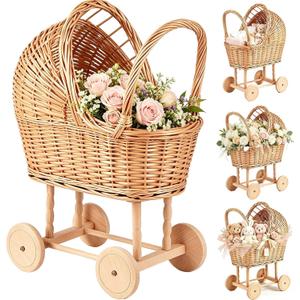 Vintage Woven Rattan Stroller-Shaped Flower Basket with Wheels