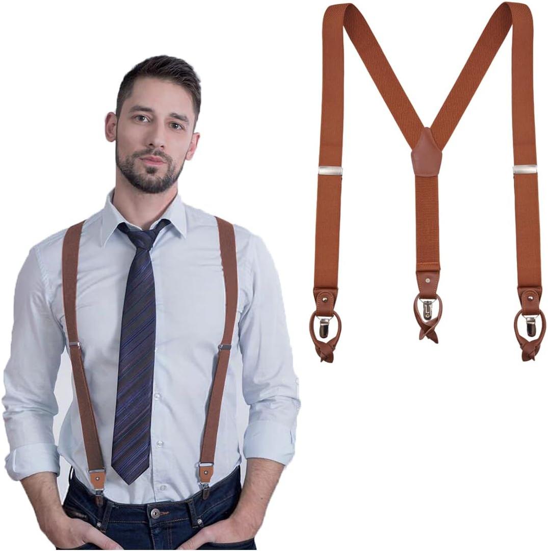UPSONG Mens SuspendersBrown Leather Button Tab and Clip Braces Heavy Duty Suspender Wedding Suspenders for Groom Groomsmen