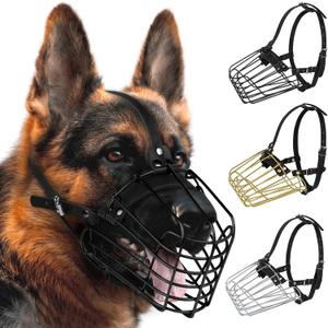 German Shepherd Dog Muzzle Metal Basket for Medium Large Dogs Adjustable Durable Leather Straps Secure Wire Mask for Biting Chewing Barking (Black, L - Size)