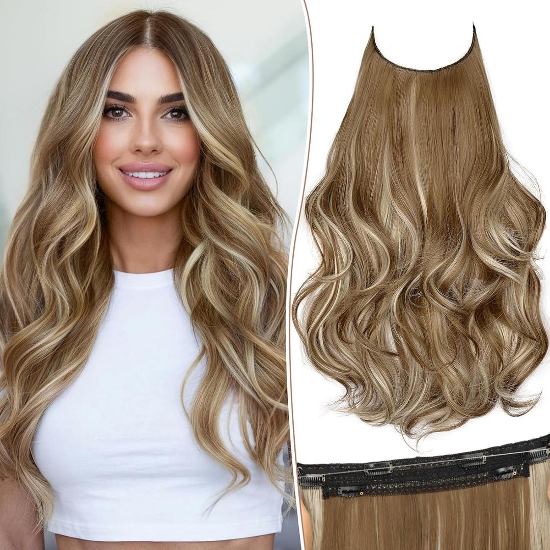 KooKaStyle Invisible Wire Hair Extensions with Transparent Wire Adjustable Size 6 Secure Clips Long Wavy Layered Synthetic Hair Extensions P12A/24#Ash Medium Brown Mix Bleach Blonde 20 Inch