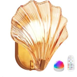 Vintage Battery Operated Wall Sconces with Remote, Amber Rechargeable Wireless Wall Sconces with Magnetic LED Bulbs, Indoor Shell Shaped Wall Lights for Living Room, Bedroom, Bedside, Doorway (1-Pack)