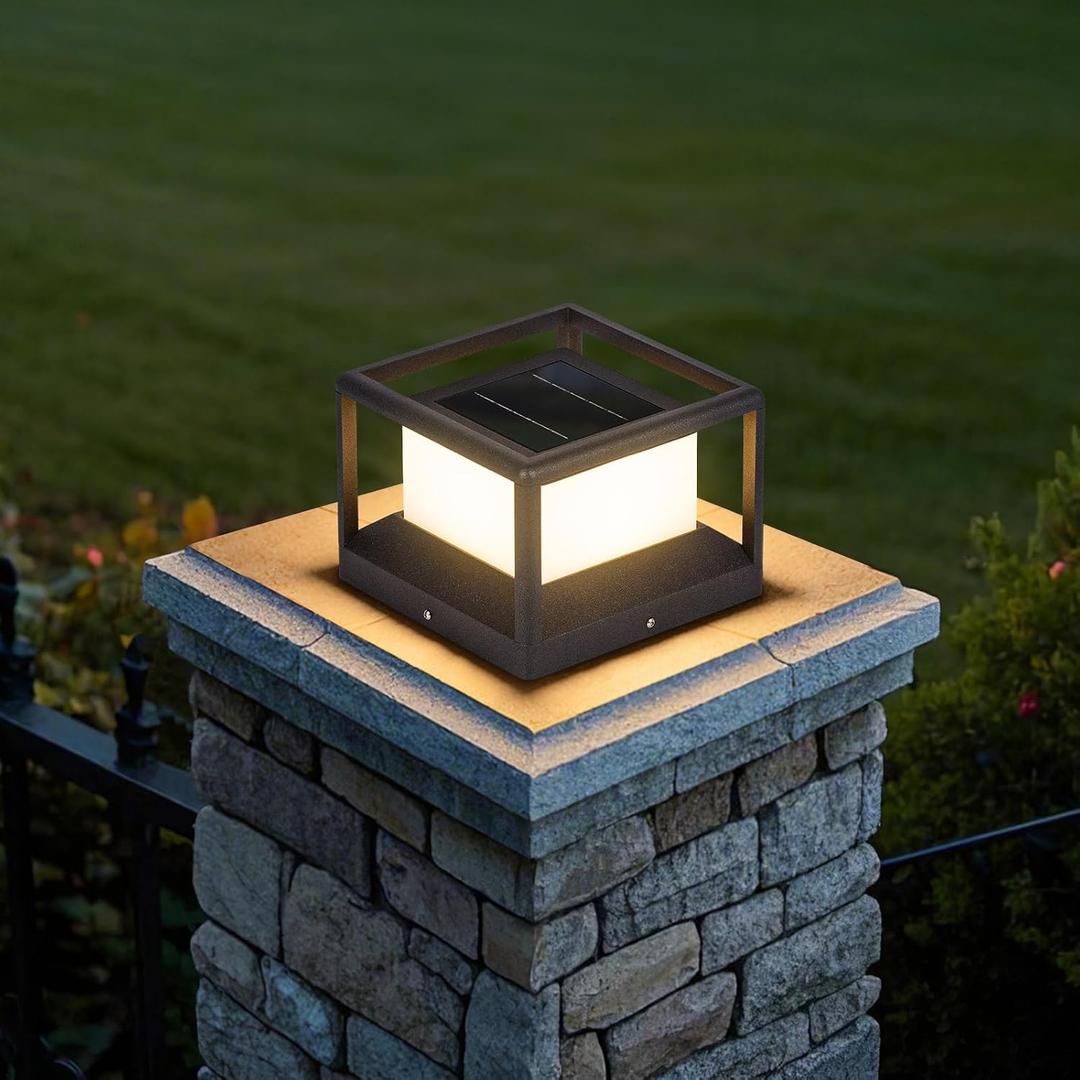 Solar Post Light Outdoor, 9.1" Modern Pillar Lamp Waterproof, Aluminum Column LED Lantern Fence Deck Cap Lights Dusk to Dawn, 3000K Landscape Lighting for Patio Driveway Pathway Garden Entrance, 9.1"L×9.1"W×6.5"H