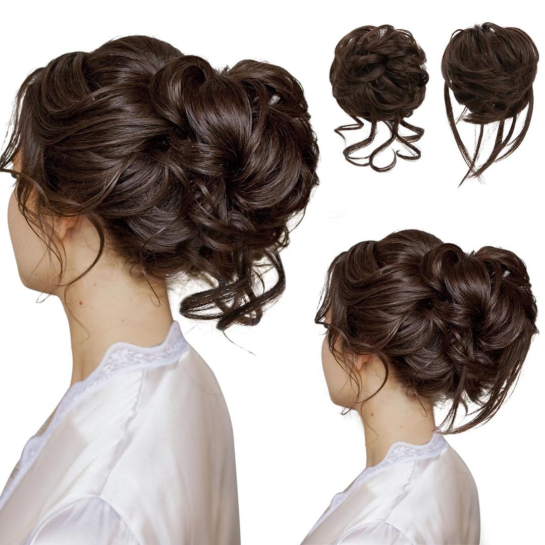 SARLA 2PCS Messy Bun Hair Pieces for Women Wavy Curly Synthetic Hairpieces for Updos with Tendrils Fake Scrunchies Ponytail Extension Dark Chocolate