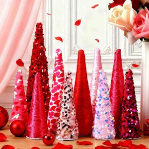 10 Pcs Pink Valentines Cone Tree Decorations Pink Heart Sequins Glitter Valentines Table Tree Centerpiece Tiered Tray Decor Tabletop Centerpiece for Home Bedroom Wedding Party