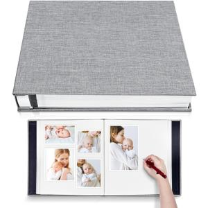 Photo Album Self Adhesive 3x5 4x6 5x7 6x8 8x10 8.5x11 11x10.6 Magnetic Scrapbook Album DIY Length 11x10.6 Inch 40 Pages Linen Cover DIY Photo Album with A Metallic Pen and and Plastic Board(Grey)