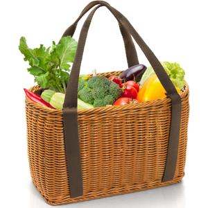 Wicker Shopping Basket with Handle, 12" x 8.5" x 6" Hand-Woven Picnic Basket, Open Top Market Harvest Basket for Food Storage, Kitchen Organization, Home Decor, Camping, Easter Eggs, Gifts