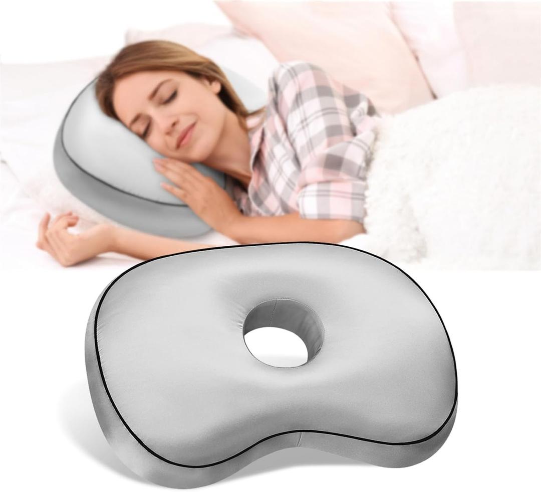 Ear Piercing Pillow with Hole for Side Sleepers for CNH and Ear Pain Inflammation Pressure Sores, Cotton and Polyester Adjustable Filling and Washable Ear Guard Pillow (Light Gray Silk)
