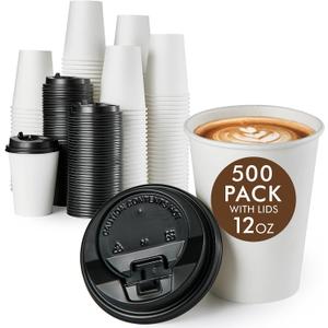 Vplus 500 Pack 12 OZ Paper Coffee Cups, Disposable 12 OZ Coffee Cups With Lids, Cold/Hot Drinking, For Home, Traveling, Stores, Office, And Events (White)