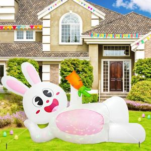 OurWarm 8FT Easter Inflatables Outdoor Decorations, Lying Inflatable Easter Bunny Decor, Easter Bunny Blow up Inflatable with LED Lights, Easter Blow Ups for Outside Holiday Roof Lawn Yard Decor