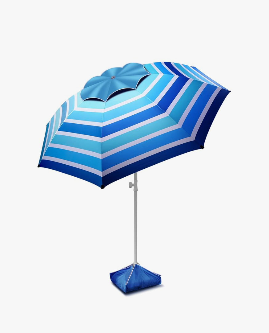 8FT Large Beach Umbrella with Level 7 Wind Resistance, Sand Anchor, Portable Outdoor Umbrella with UPF50+ UV Protection, Tilt Sun Shelter for Beach, Patio, Yard