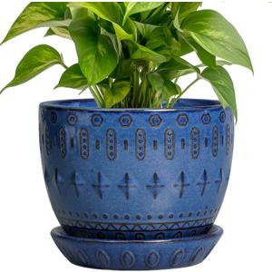 GEP Gardening Plant Pot 5 Inch - Ceramic Planter for Indoor Plants Outdoor, Succulent Orchid Pot with Drainage Hole and Saucer, Round Flower Pot for Home Decor, Blue
