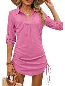 ANRABESS Womens Bathing Suit Cover Ups Swimsuit Beach Coverup Hollow Out Swimwear 2026 Summer Outfits Bikini Dress Shirt Hot Pink Small