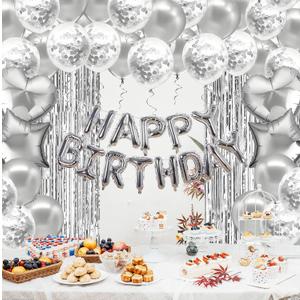 Silver Birthday Party Decorations - Sweet 16 21st Women Girls Happy Birthday Banner, Fringe Curtains, Heart Star Foil Confetti Balloons Backdrop Supplies