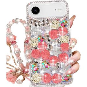 Changjia for iPhone Air Glitter Bling Case,Cute Girly Luxury 3D Sparkle Crystal Rhinestone Flowers Floral Diamond Gems Pearl with Lanyard Wrist Strap Women Girls Phone Case for iPhone 17 Air 6.5",Pink