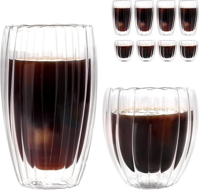 WeirdUncle Set of 8 Double Walled Glass Cups, 4 Thermo Espresso Glasses 9oz & 4 Ribbed Glassware 15oz, Fluted Dsesign, Insulated Coffee Mugs, for Iced Coffee, Latte, Cappuccino, Water, Gift