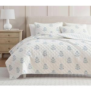 2 x Martha Stewart - Twin Quilt Set, 100% Cotton Reversible Bedding Set, Incredibly Soft Feel for Year Round Comfort, 2 Piece Bed Set with Matching Pillowcase (Flower Block Print Blue)