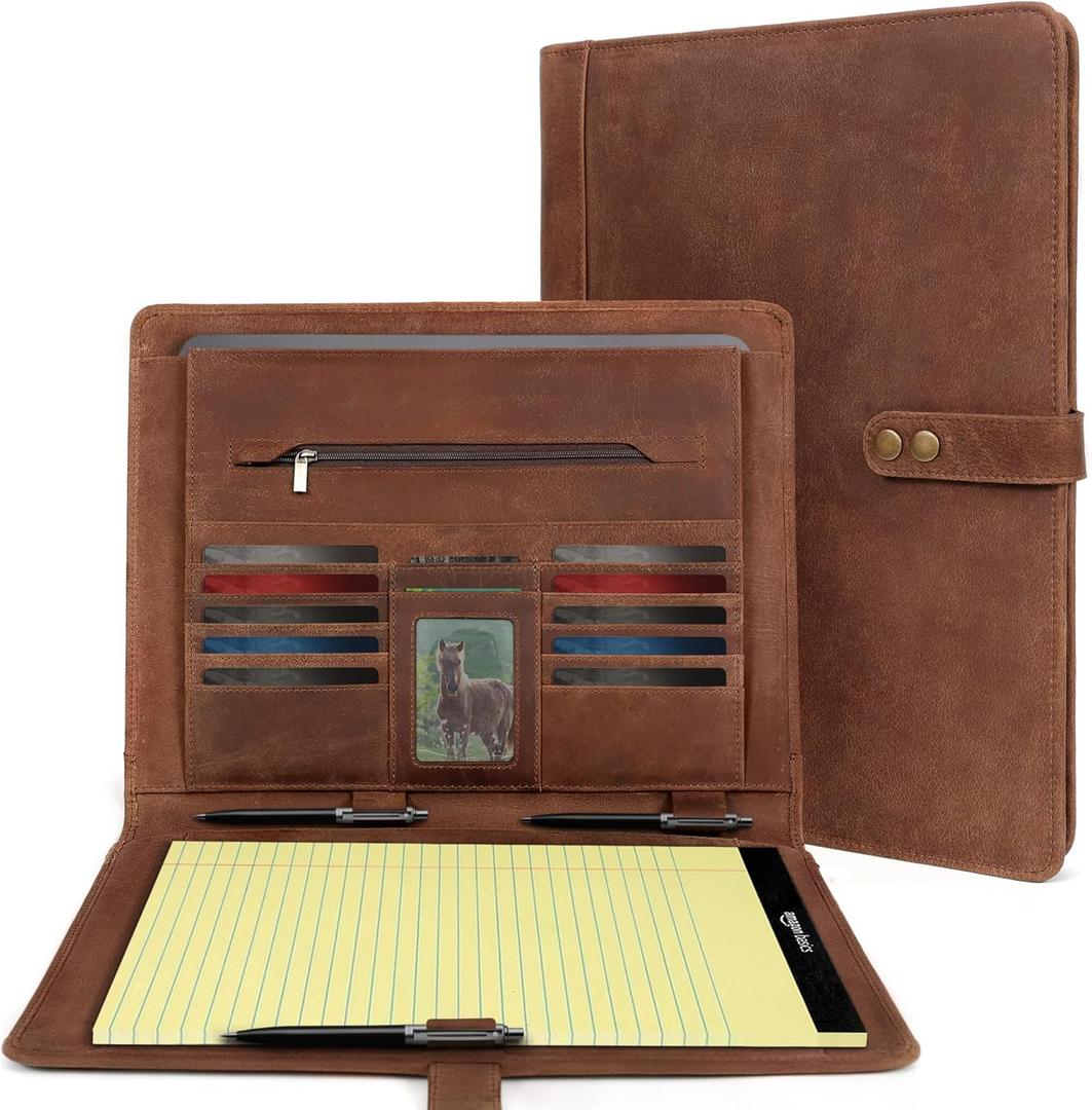 ELIZO Leather Portfolio Padfolio Leather Binder Folder for Men and Women Professional Business Portfolio Organizer Men and Women Saddle Letter Strap